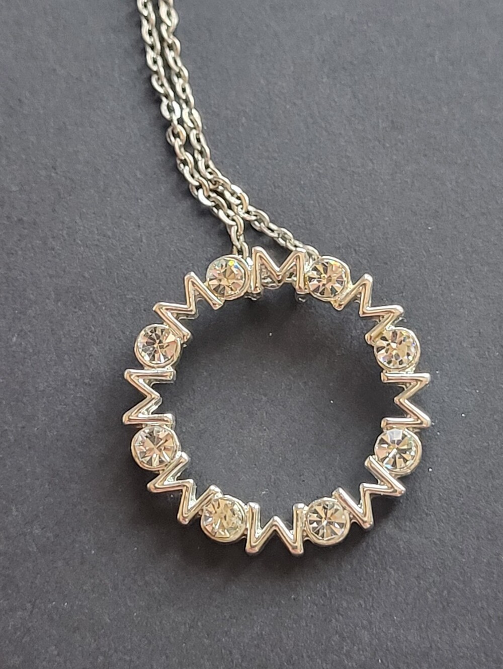 Silver Tone and rhinestone Mom necklace pendant round circle